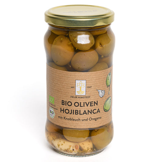 Bio Oliven Hojiblanca mit Knoblauch und Oregano