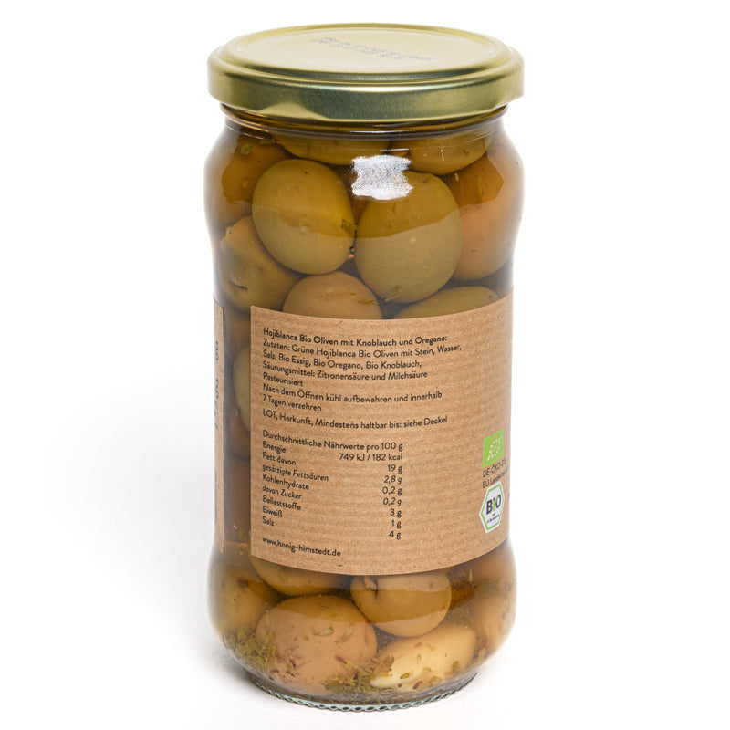 Bio Oliven Hojiblanca mit Knoblauch und Oregano