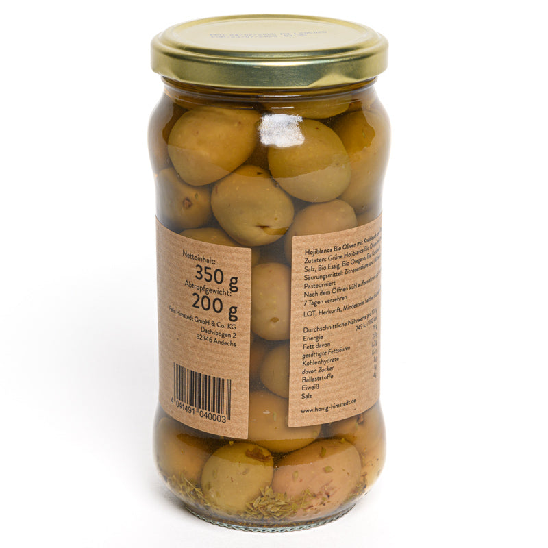 Bio Oliven Hojiblanca mit Knoblauch und Oregano
